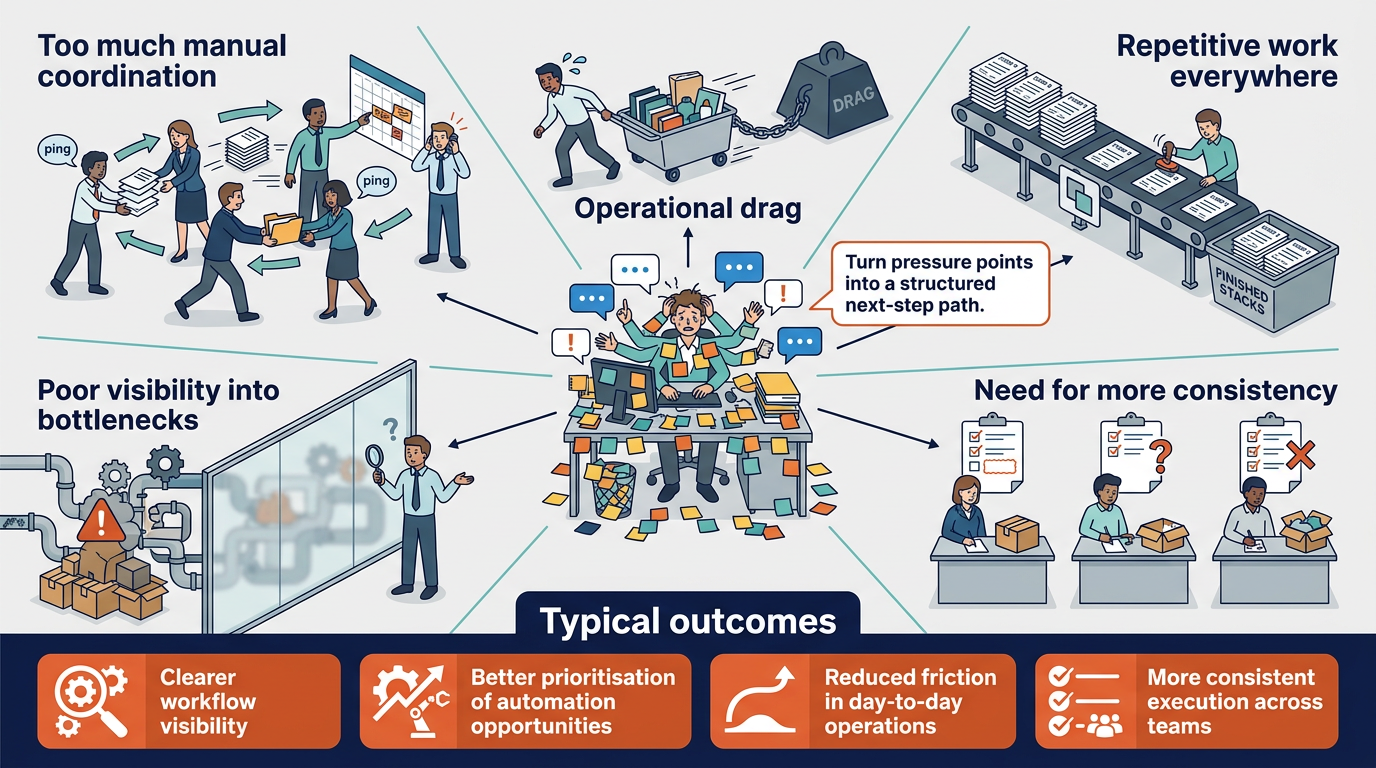 Operational drag: too much manual coordination, repetitive work, poor visibility into bottlenecks, and need for consistency